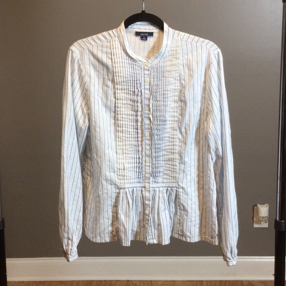 14 Nautica White Stripe Pintuck Collarless Shirt